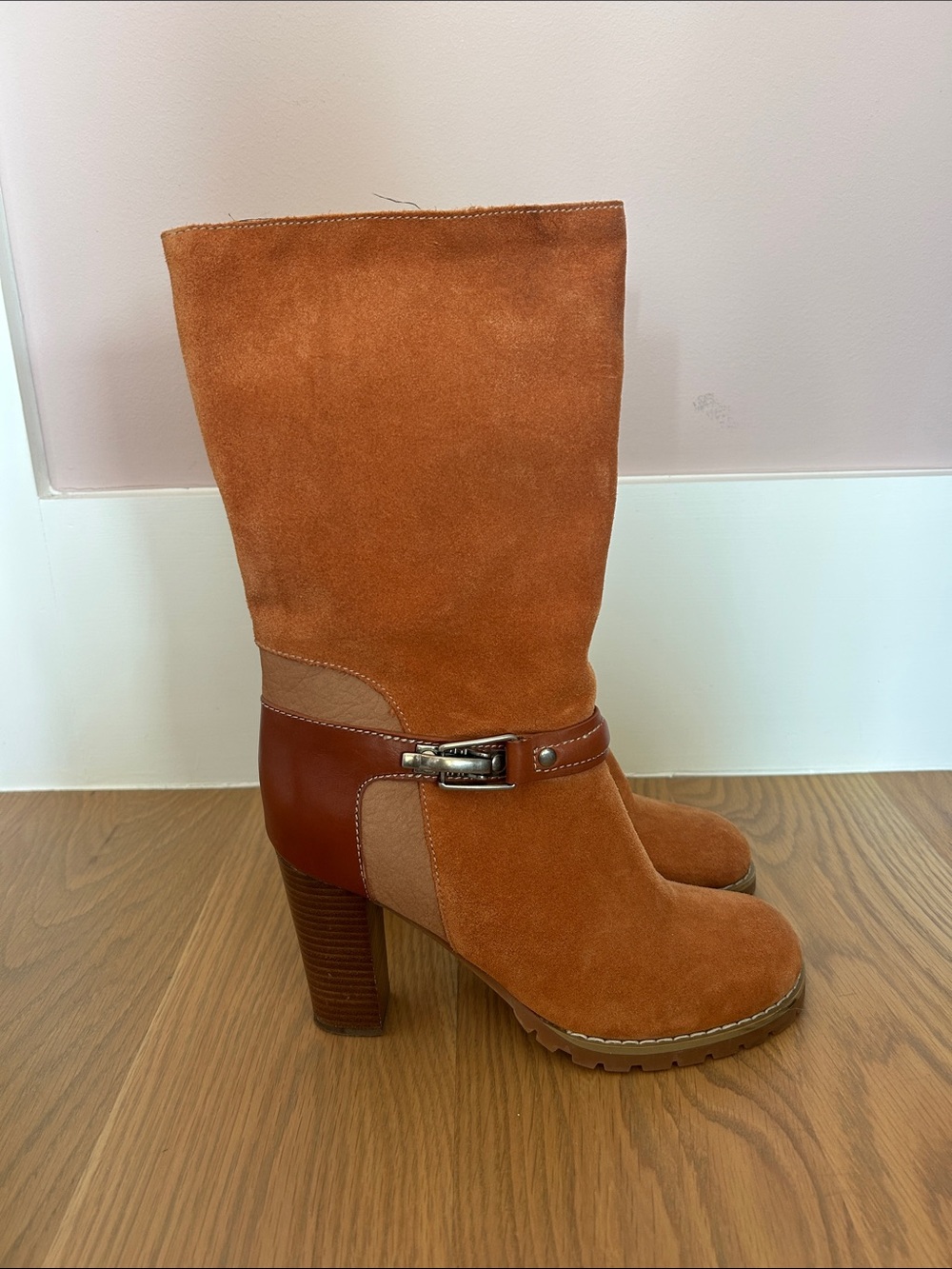See by Chloe Women's Suede Mid-Calf Heel Boots in Orange Rust size 36